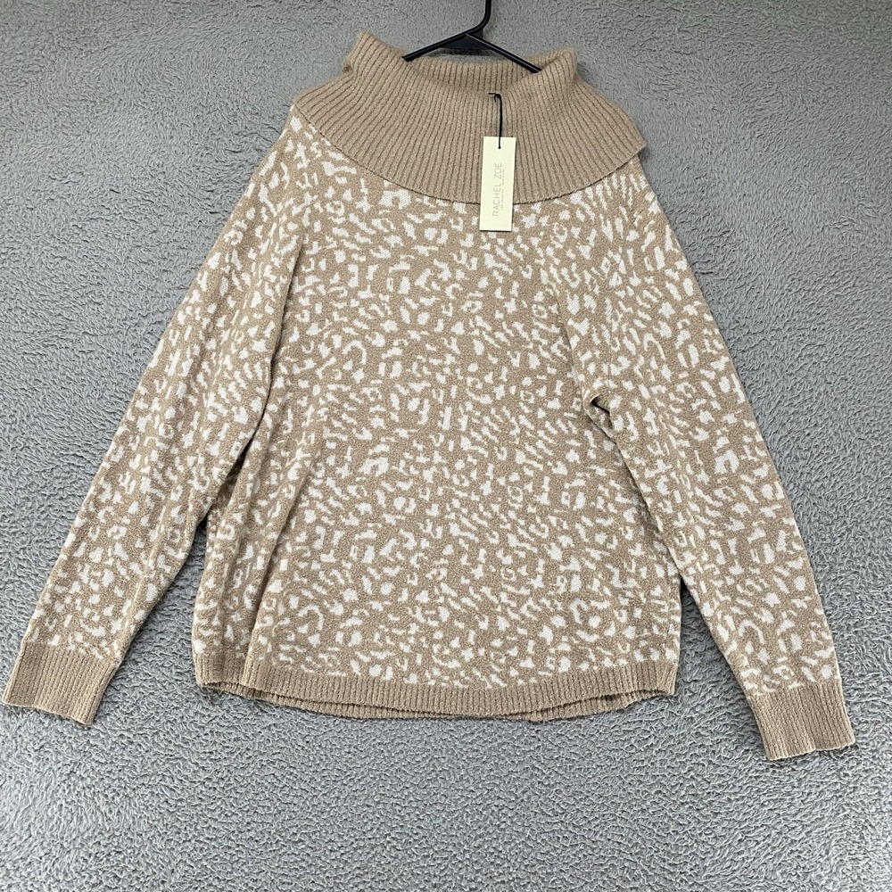 Rachel Zoe Sweater Womens XL Beige Cowl Neck Leopard Knit Animal Print Soft